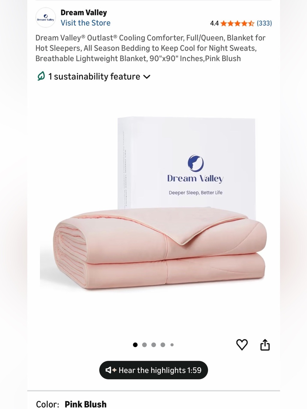 Dream Valley® Outlast® Deepsleep Cooling Comforter, Queen size color Pink Blush